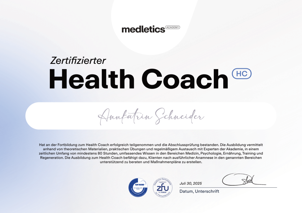 Zertifikat als Health Coach für Annkatrin Schneider von der Medletics Academy als Nachweis fundierter Ausbildung im Gesundheitscoaching in Ludwigsstadt